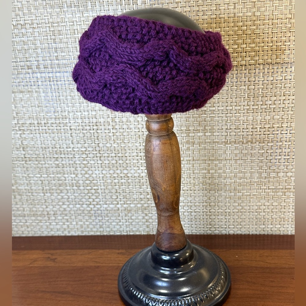 🌟HP🌟Hand-Knitted Aubergine (Purplish) Cable Knit Ear Warmer Nepal - Picture 2 of 7